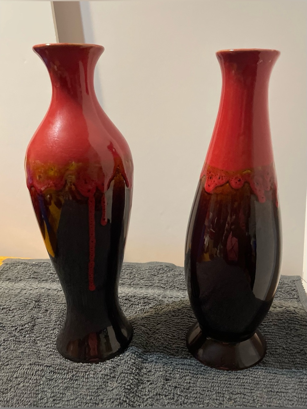 Vintage Pair of Tall Ceramic Vases Red Drip Glaze Effect. Stunning